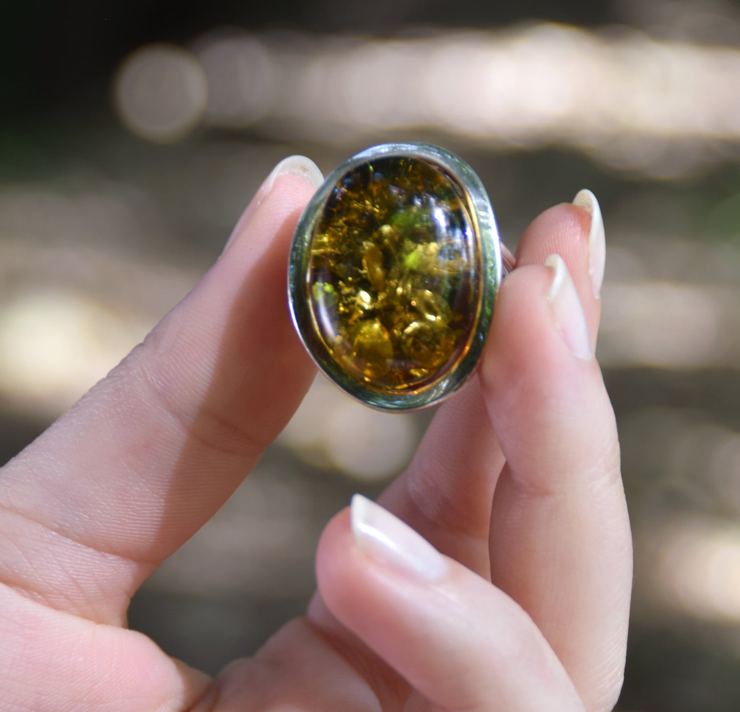 MJ Baltica, ring, natural Baltic amber, 925 silver, large, green amber, adjustable and unique BP042