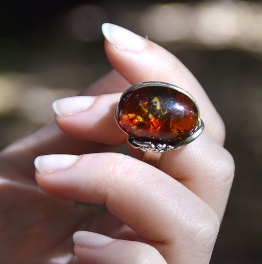 MJ Baltica, anello, Ambra naturale Baltica, Argento 925, grande, decoro, vintage, regolabile e unico BP043