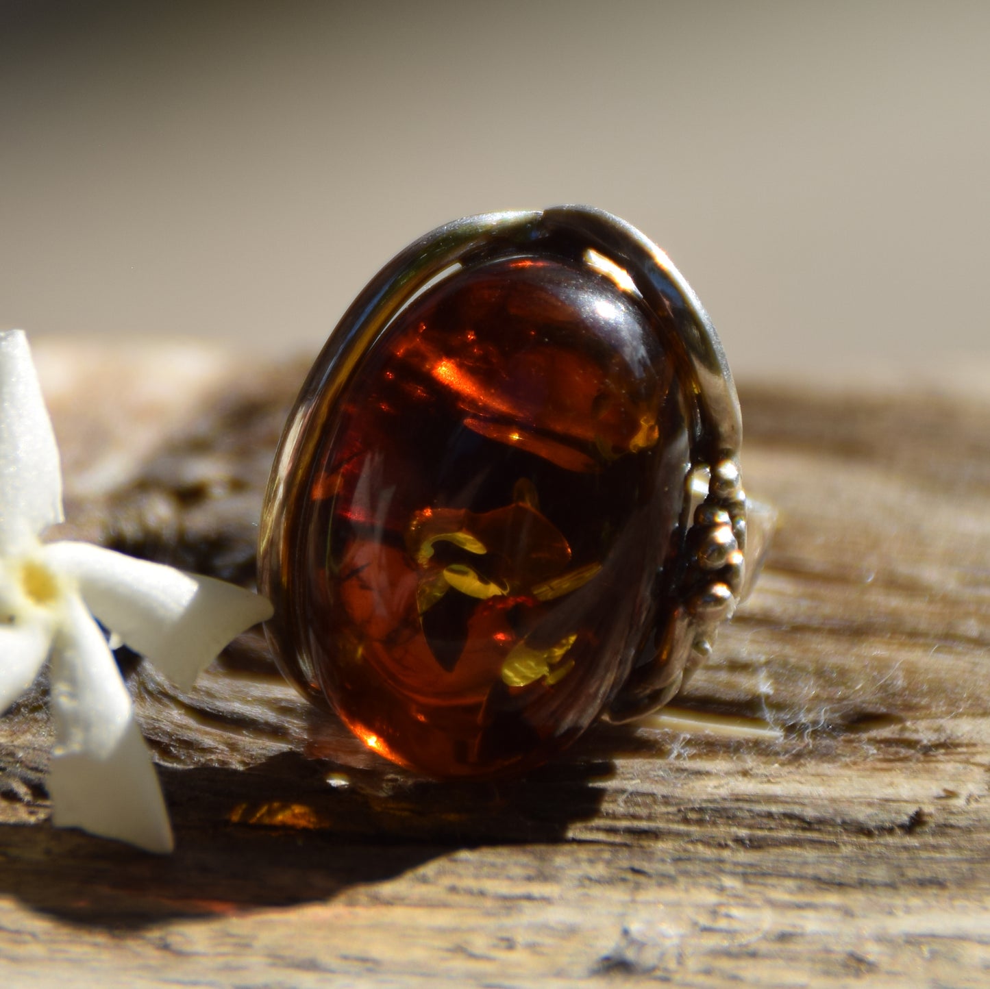 Adjustable ring with a unique natural Amber gemstone in green and brown hues and 925 Silver, MJ Baltica, BP043