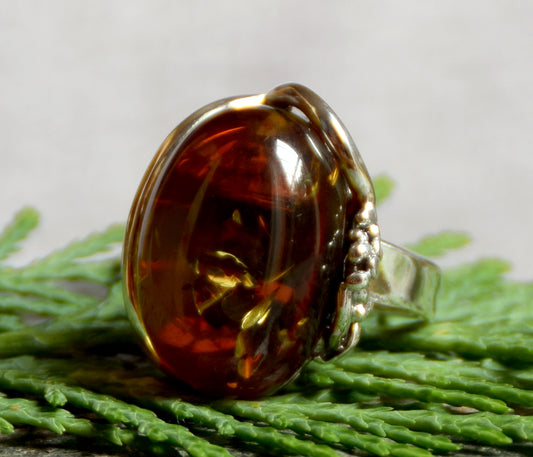 MJ Baltica, ring, natural Baltic Amber, 925 Silver, large, decoration, vintage, adjustable and unique BP043