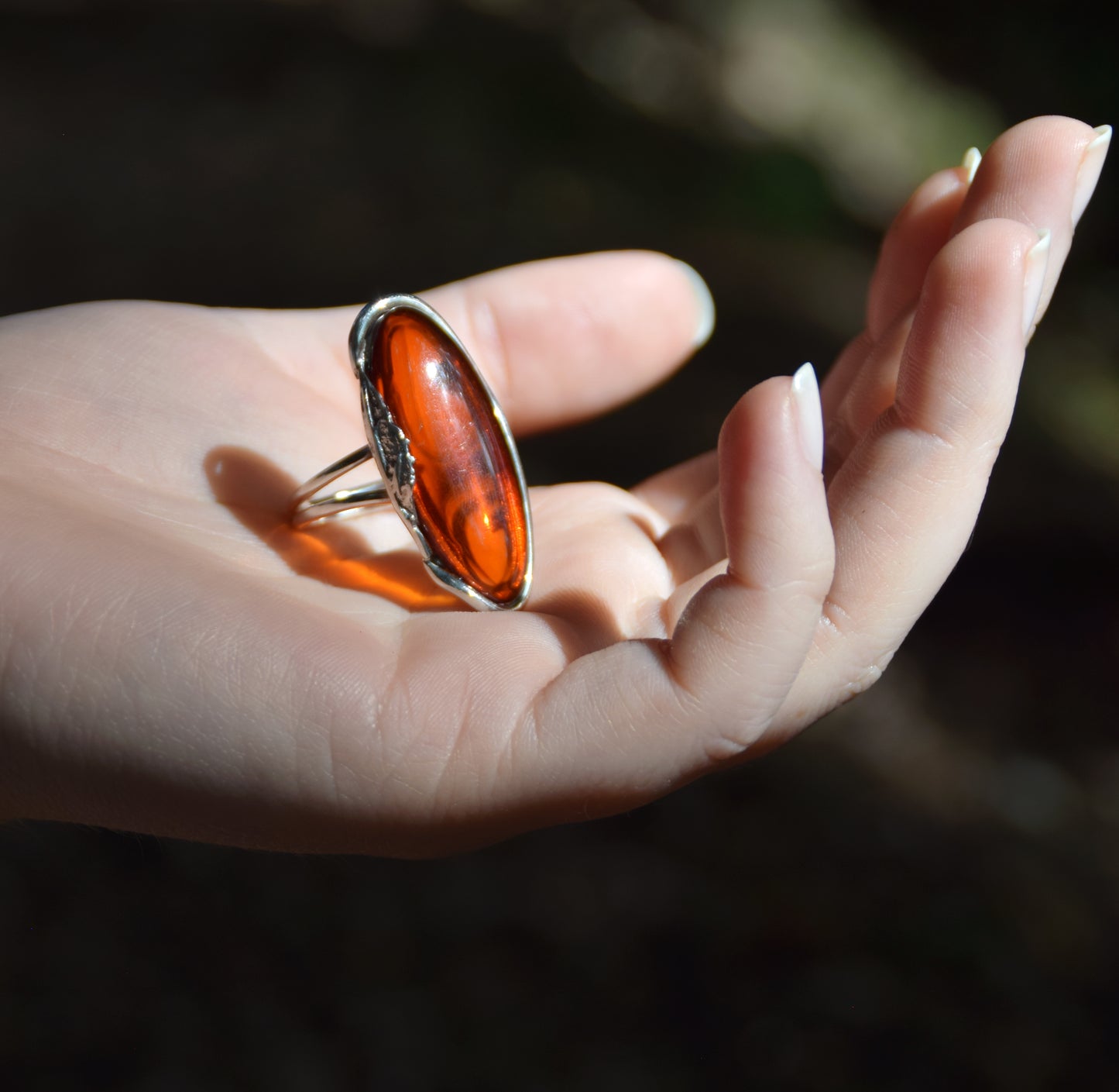 MJ Baltica, ring, Natural Baltic Amber, 925 Silver, Dark Amber, long, elegant, adjustable and unique BP044