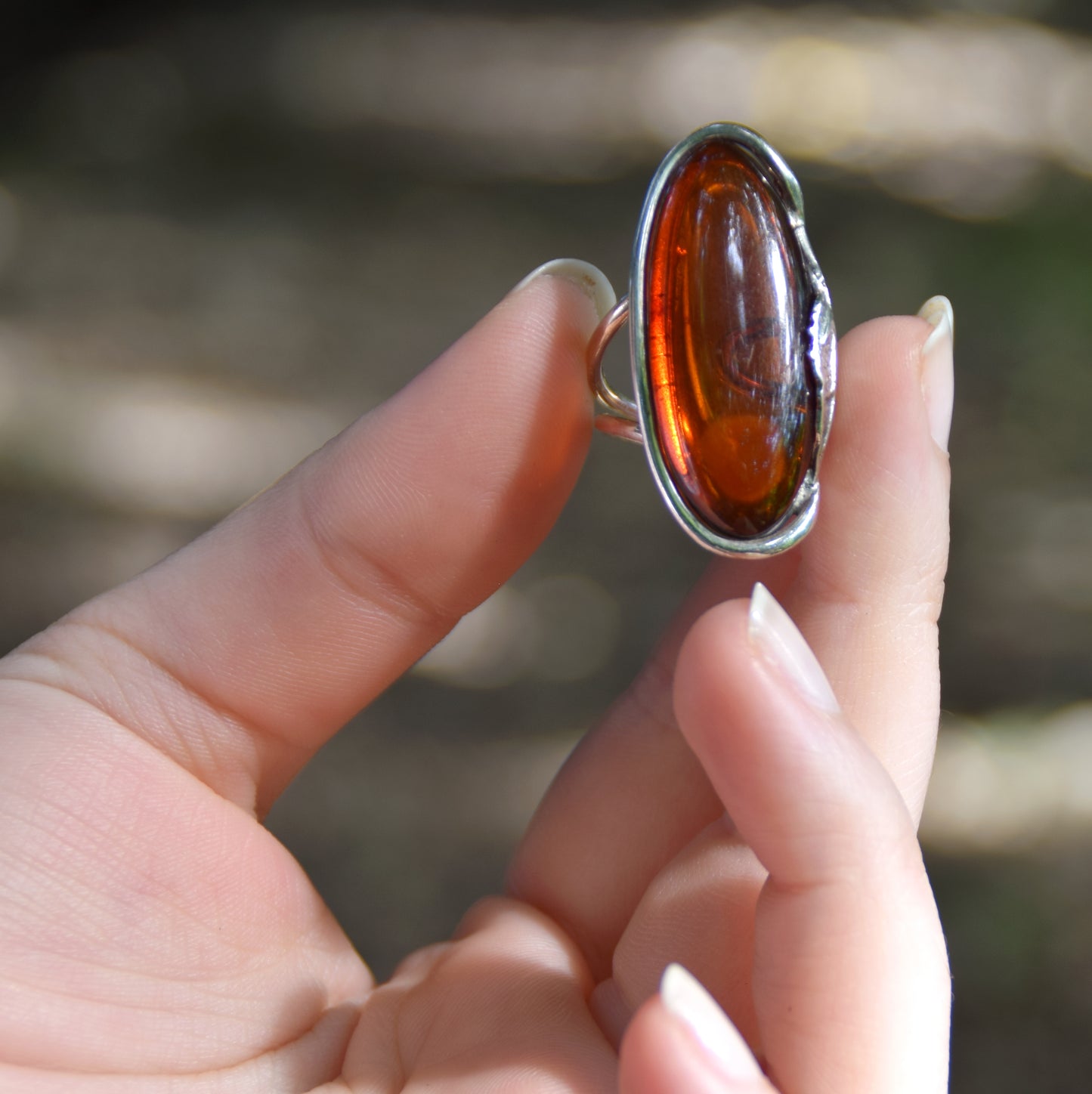 MJ Baltica, ring, Natural Baltic Amber, 925 Silver, Dark Amber, long, elegant, adjustable and unique BP044