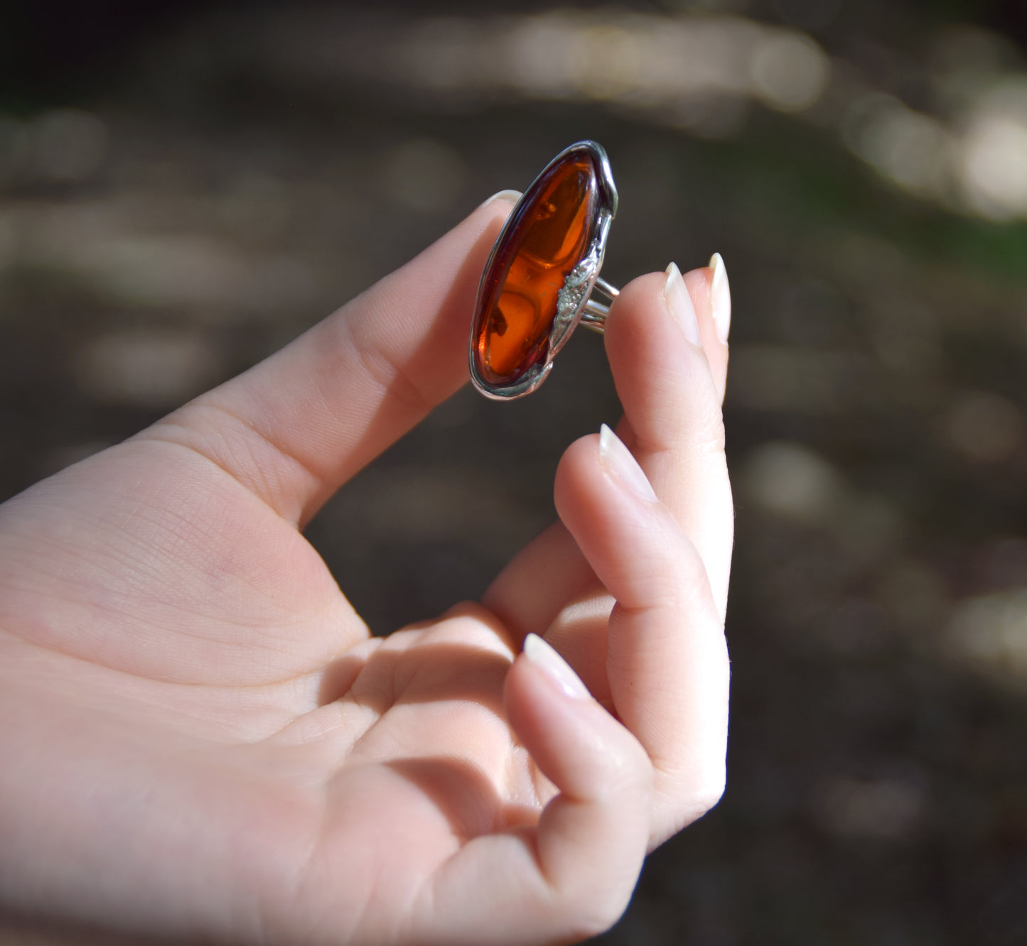 MJ Baltica, ring, Natural Baltic Amber, 925 Silver, Dark Amber, long, elegant, adjustable and unique BP044