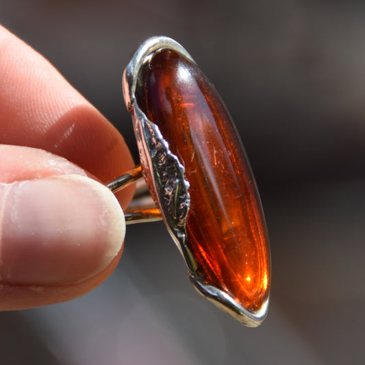 Tall vintage-style ring with large dark brown Natural Amber gemstone and 925 Silver, MJ Baltica, BP044