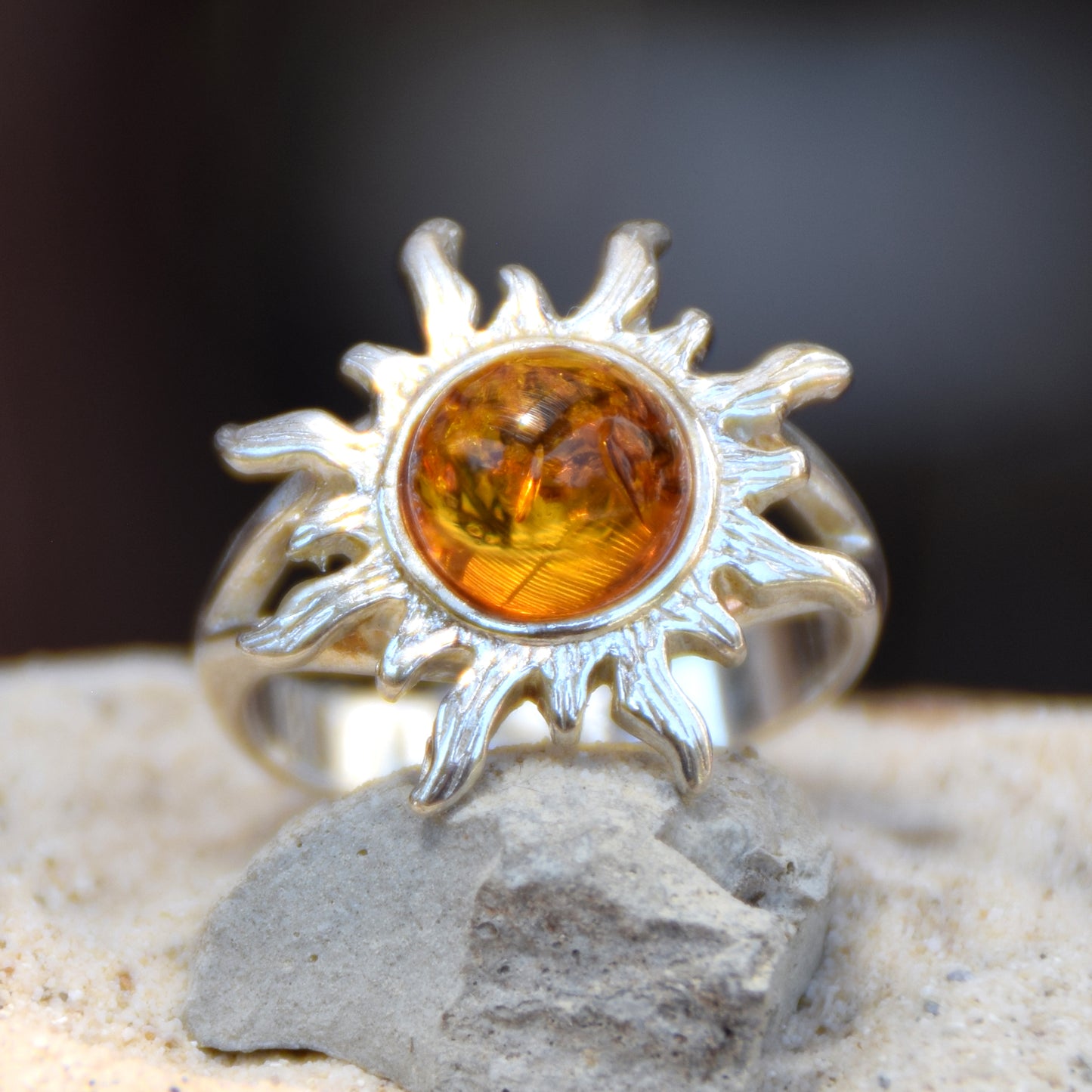 Bright ring with large sun in natural cognac Amber and 925 Silver, MJ Baltica, BP046