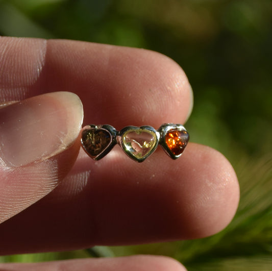 Romantic ring with three natural Amber hearts in various shades and 925 Silver, MJ Baltica, BP049
