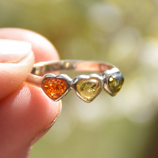 Romantic ring with three natural Amber hearts in various shades and 925 Silver, MJ Baltica, BP049