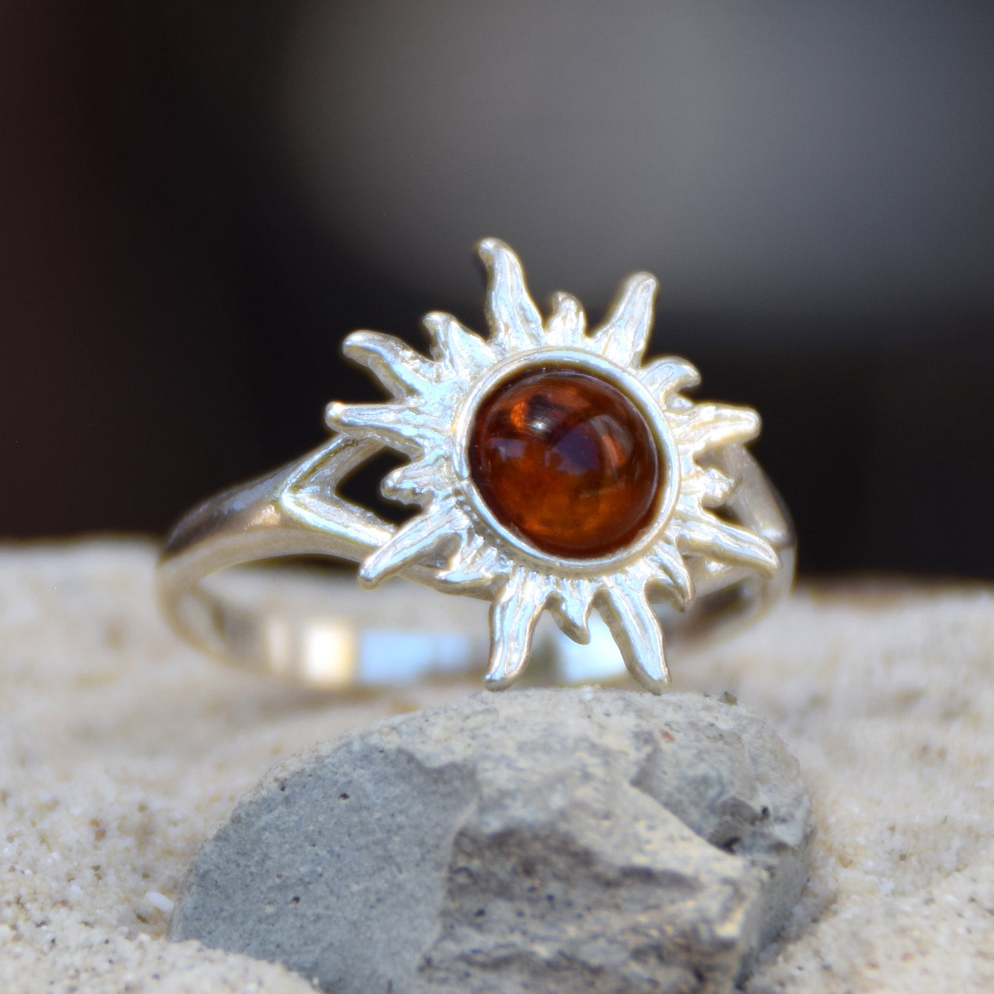 Bright ring with a delicate sun created with cognac-colored natural Amber and 925 Silver, MJ Baltica, BP050