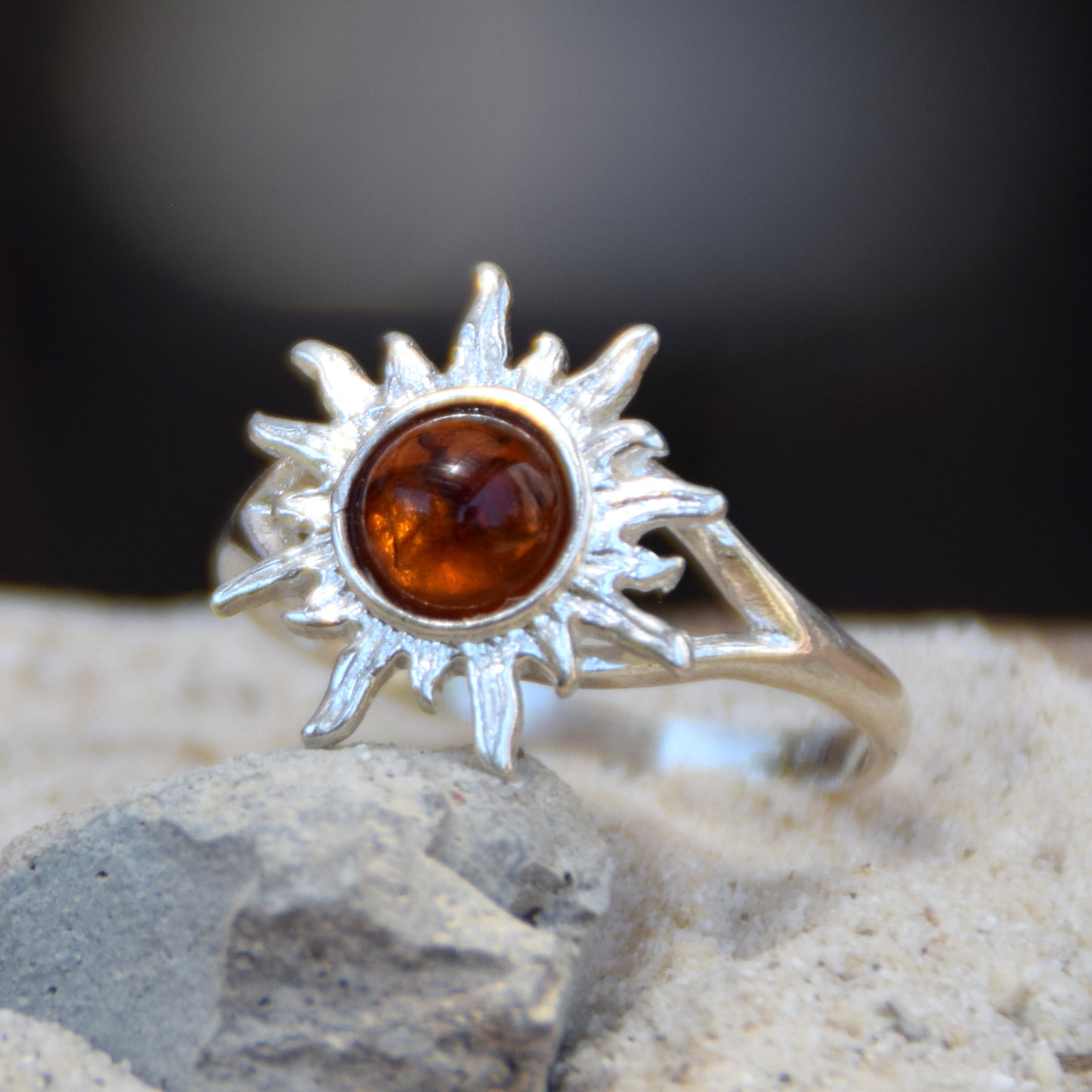Bright ring with a delicate sun created with cognac-colored natural Amber and 925 Silver, MJ Baltica, BP050
