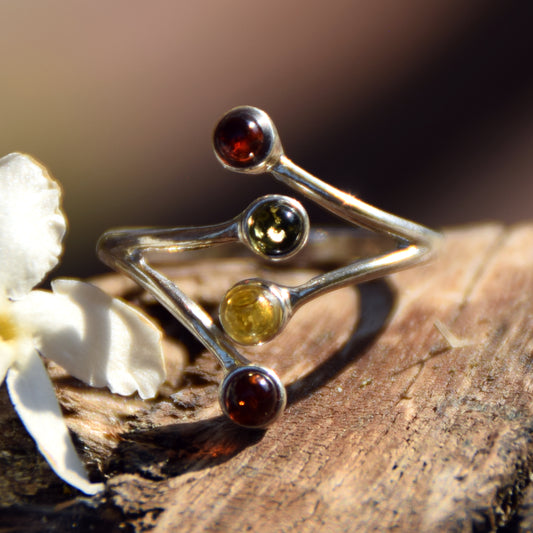 Bright adjustable ring made with natural Amber of various shades and 925 Silver, MJ Baltica, BP056
