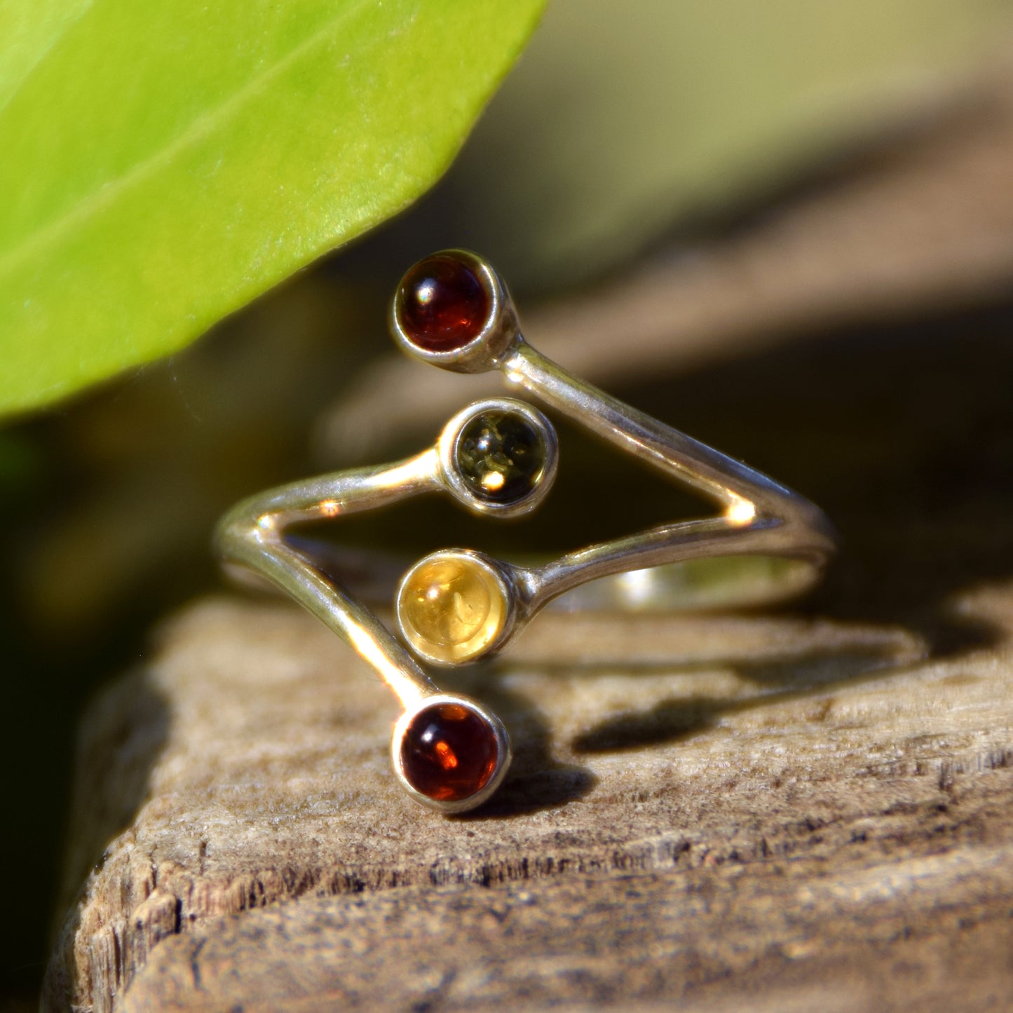 Bright adjustable ring made with natural Amber of various shades and 925 Silver, MJ Baltica, BP056