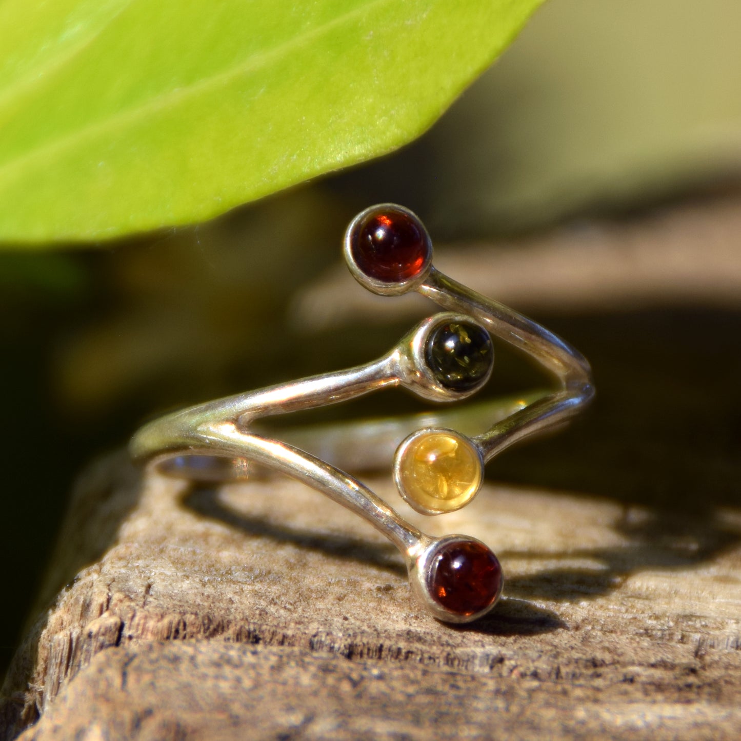 Bright adjustable ring made with natural Amber of various shades and 925 Silver, MJ Baltica, BP056