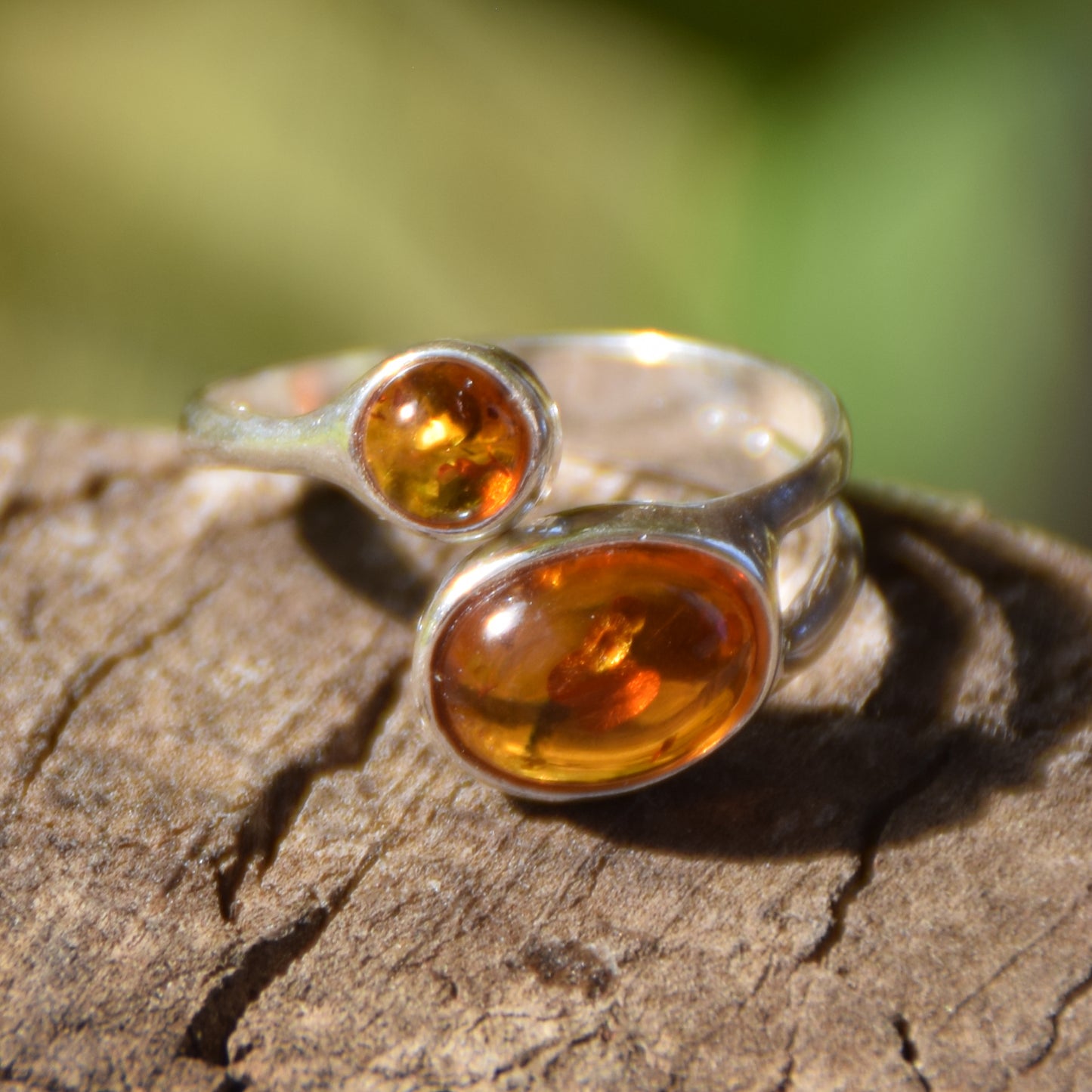 Adjustable modern style ring in cognac natural Amber and 925 Sterling Silver, MJ Baltica, BP057