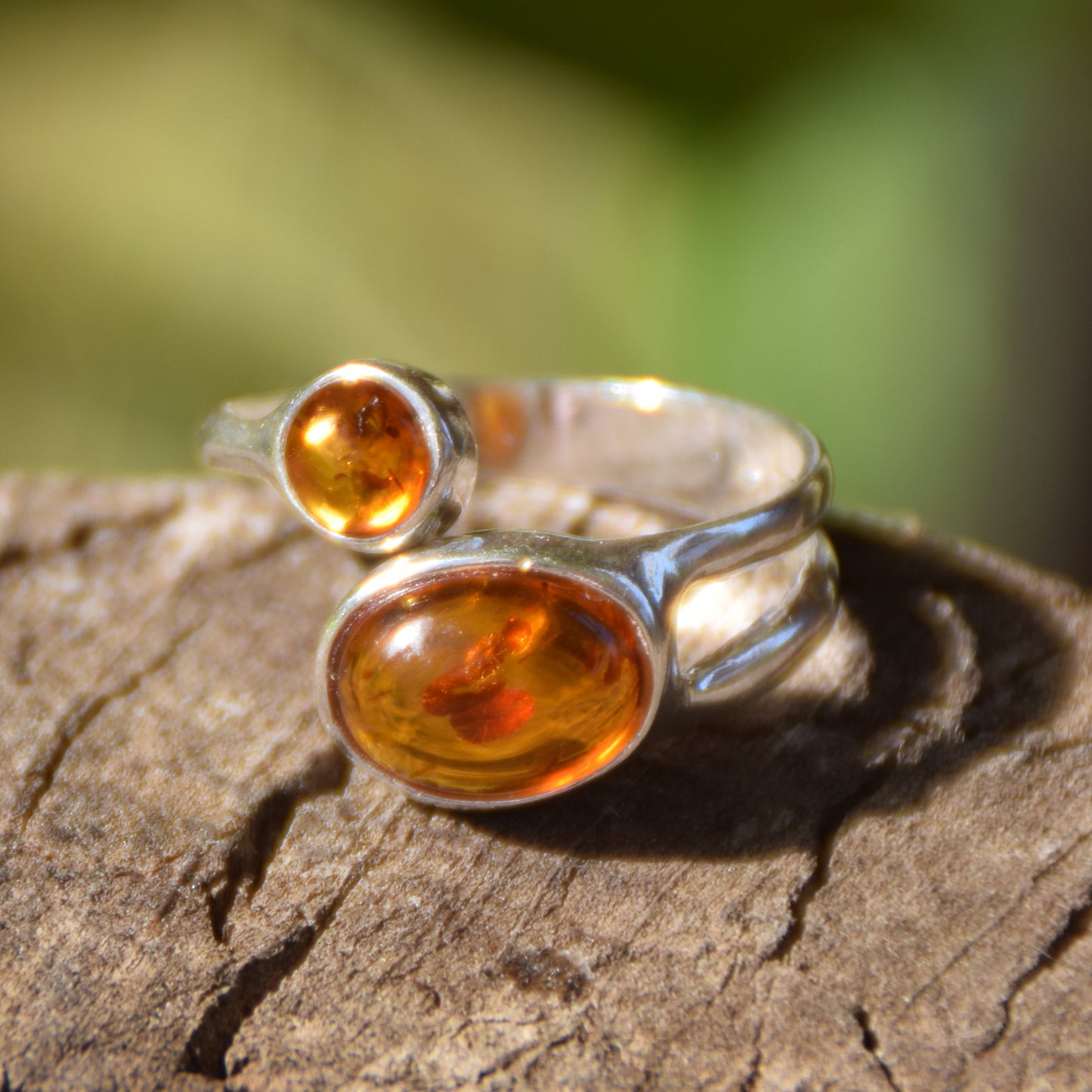 Adjustable modern style ring in cognac natural Amber and 925 Sterling Silver, MJ Baltica, BP057