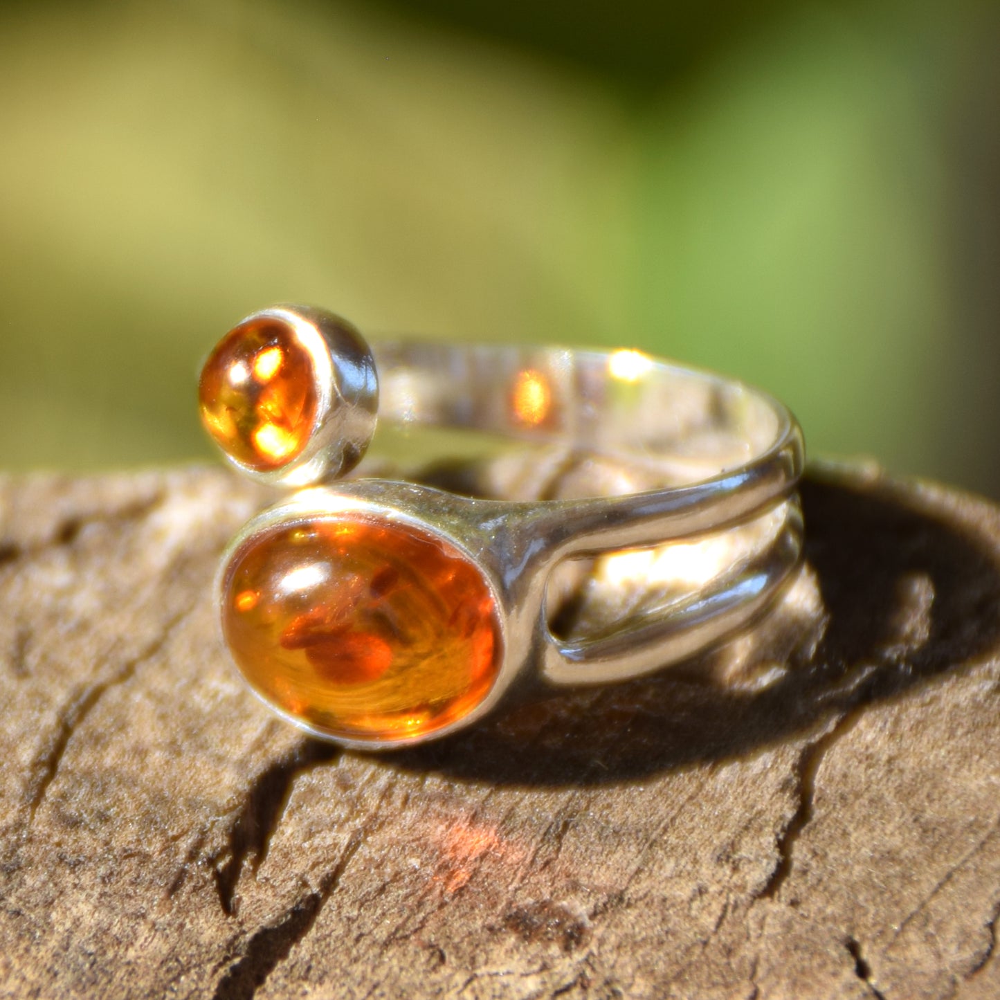 Adjustable modern style ring in cognac natural Amber and 925 Sterling Silver, MJ Baltica, BP057
