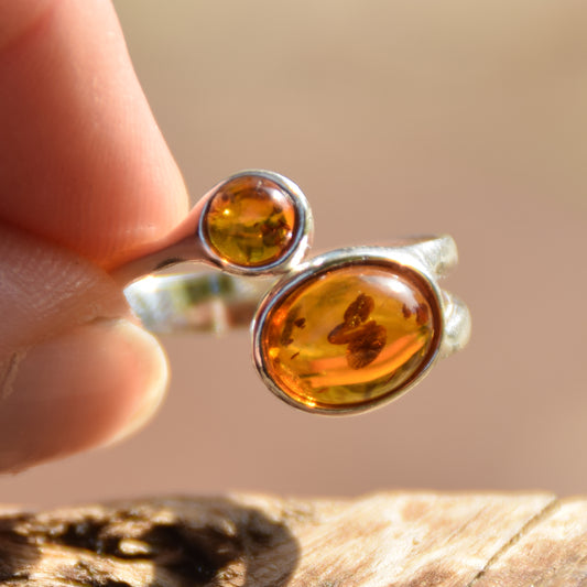 Adjustable modern style ring in cognac natural Amber and 925 Sterling Silver, MJ Baltica, BP057
