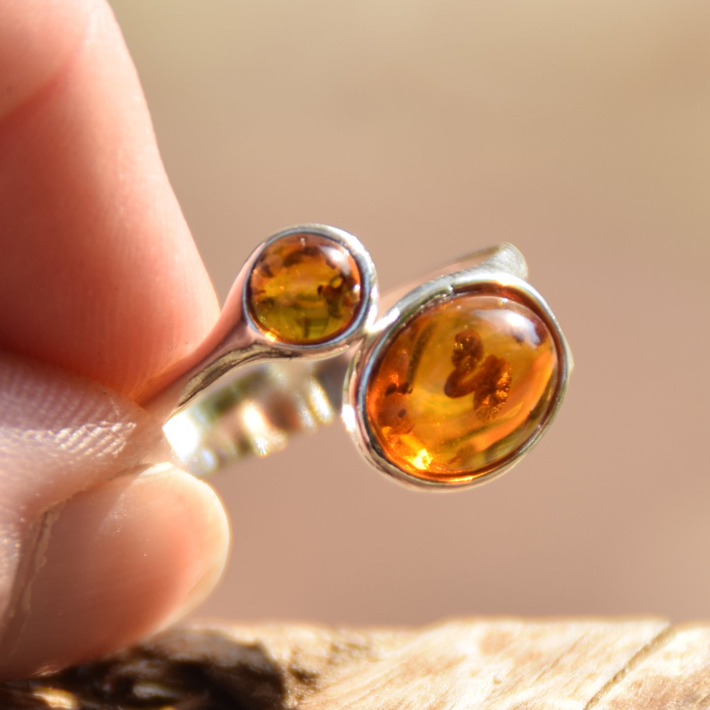 Adjustable modern style ring in cognac natural Amber and 925 Sterling Silver, MJ Baltica, BP057