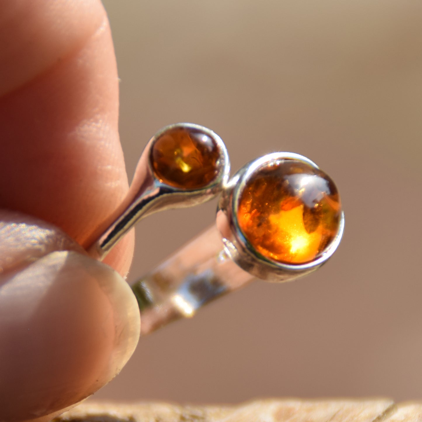 Adjustable modern style ring in cognac natural Amber and 925 Sterling Silver, MJ Baltica, BP057
