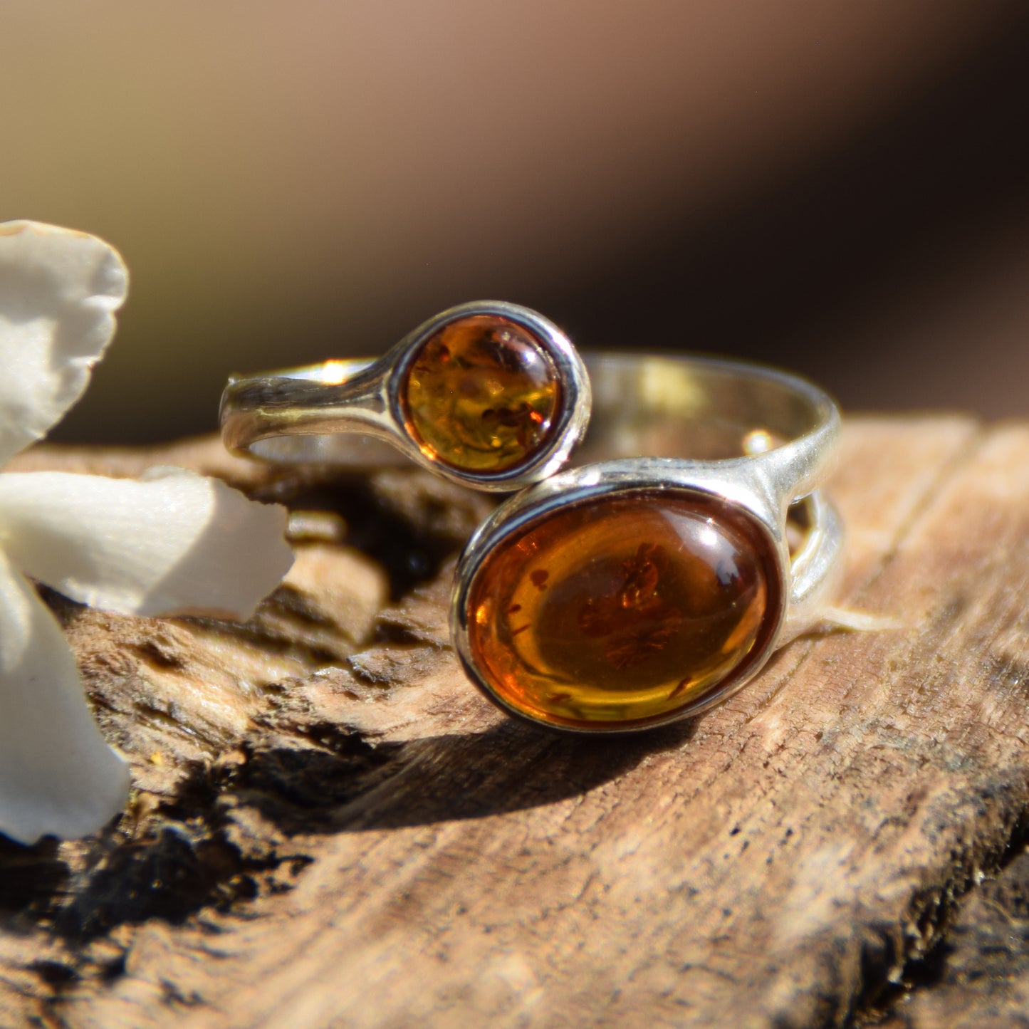 Adjustable modern style ring in cognac natural Amber and 925 Sterling Silver, MJ Baltica, BP057