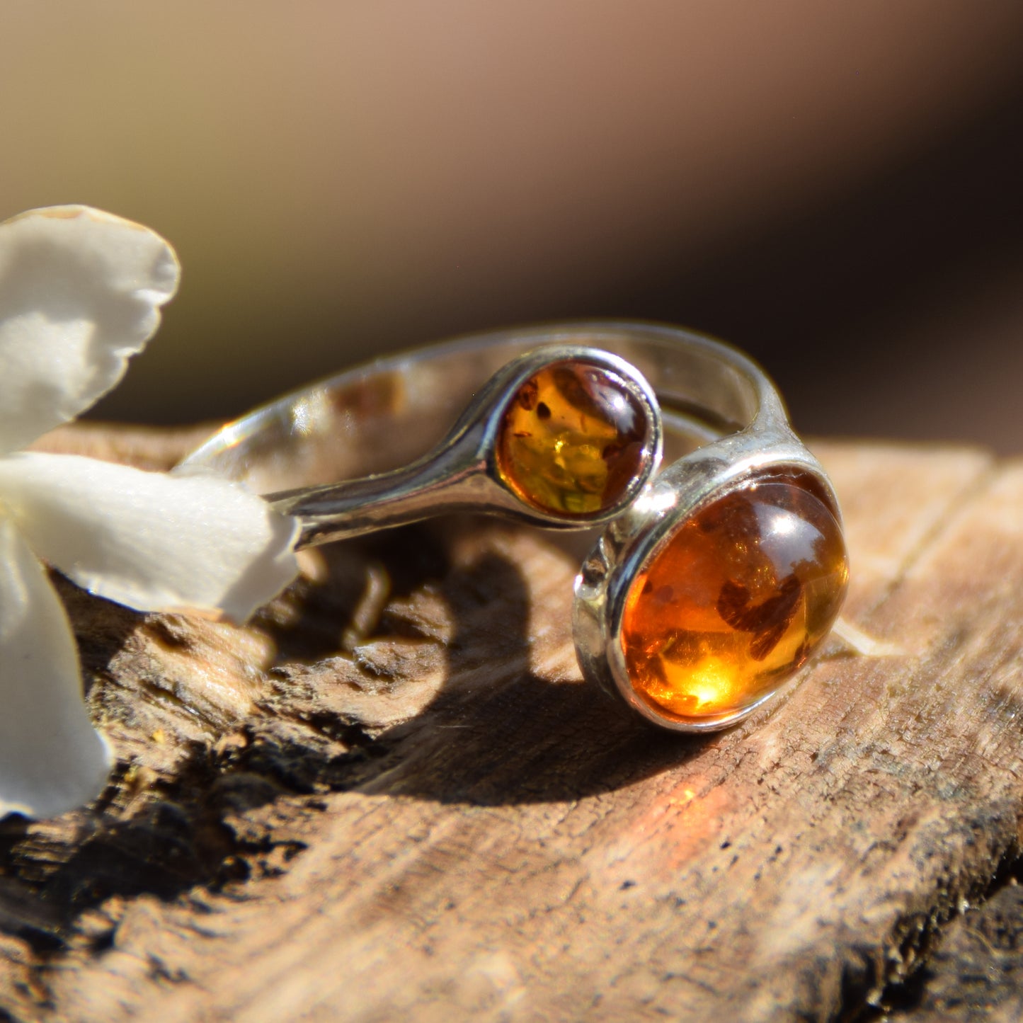 Adjustable modern style ring in cognac natural Amber and 925 Sterling Silver, MJ Baltica, BP057