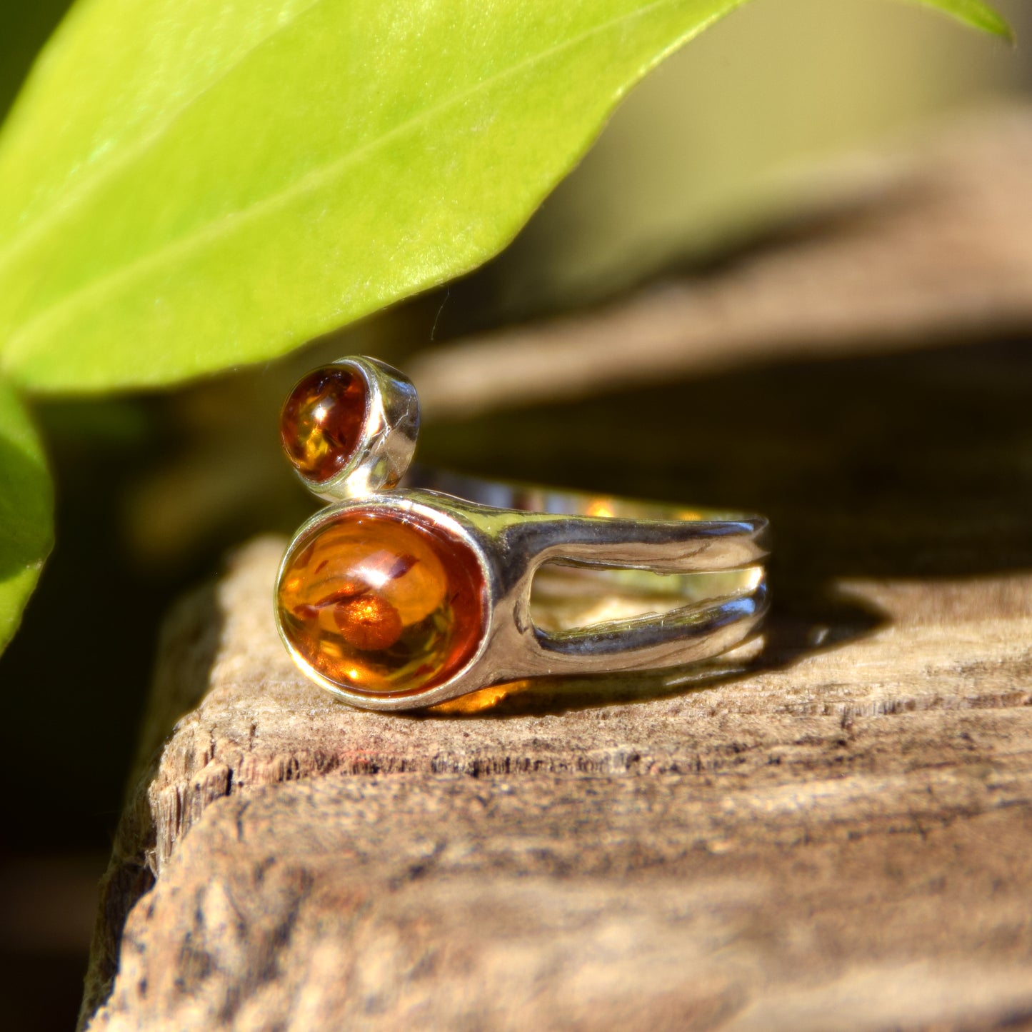 Adjustable modern style ring in cognac natural Amber and 925 Sterling Silver, MJ Baltica, BP057