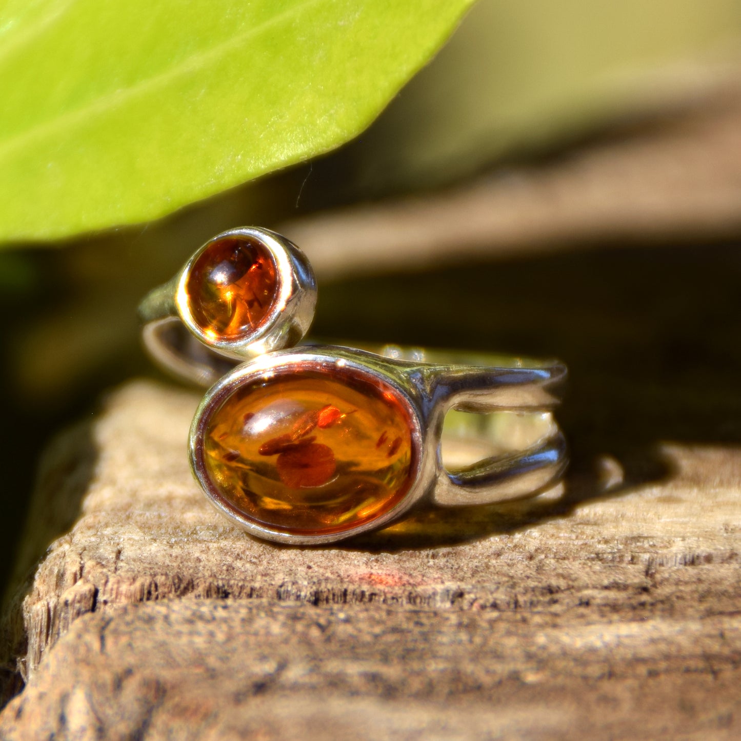 Adjustable modern style ring in cognac natural Amber and 925 Sterling Silver, MJ Baltica, BP057