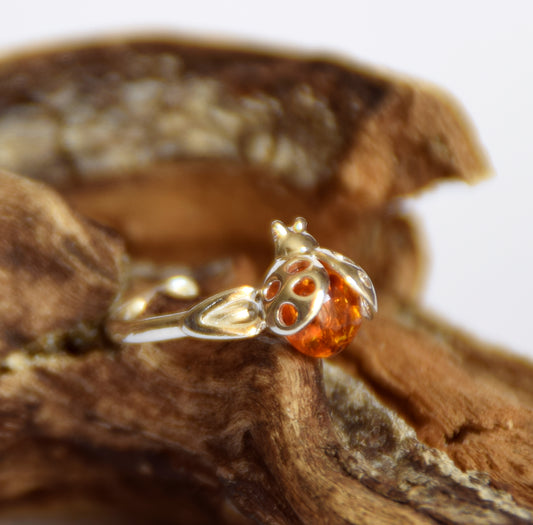 MJ Baltica, ring, Baltic natural amber, 925 silver, ladybug, adjustable, BP058