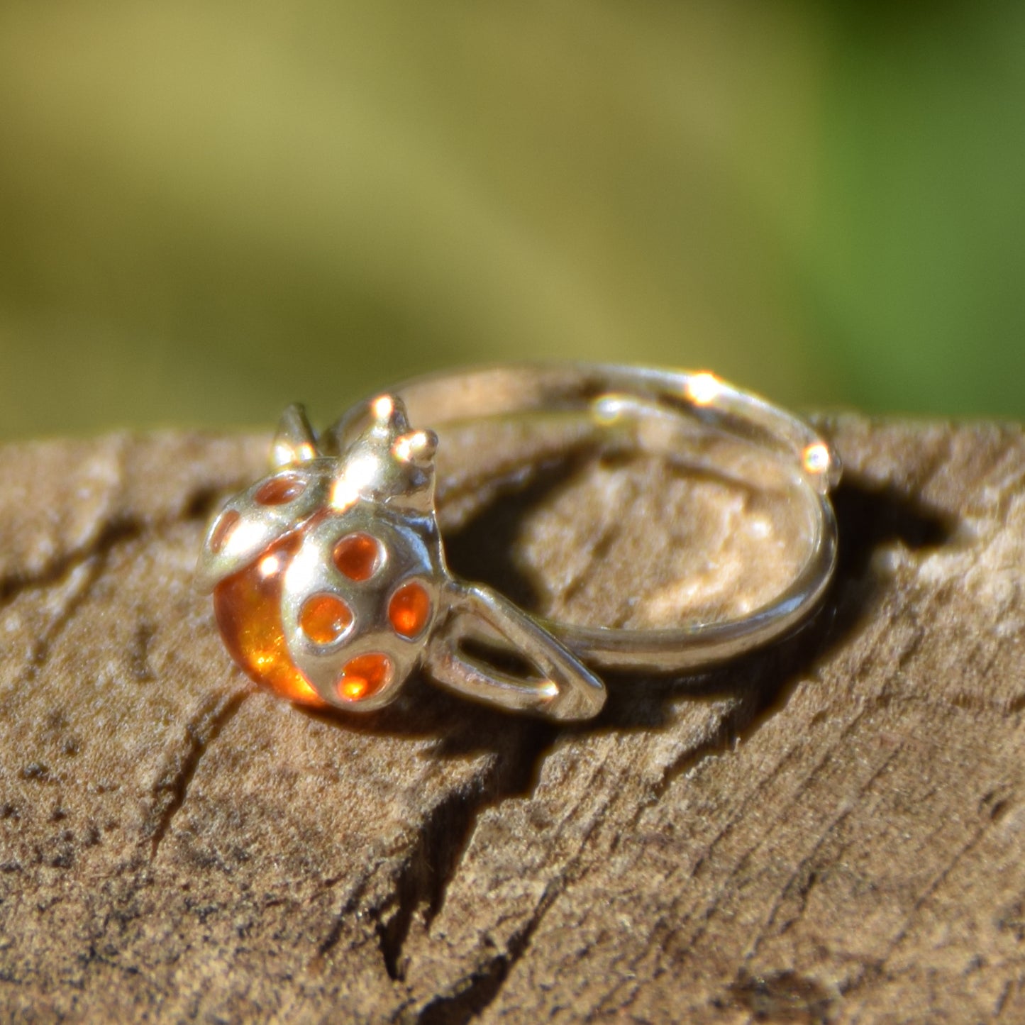 Delicate adjustable ring with a cognac natural amber ladybug and 925 Sterling Silver, MJ Baltica, BP058
