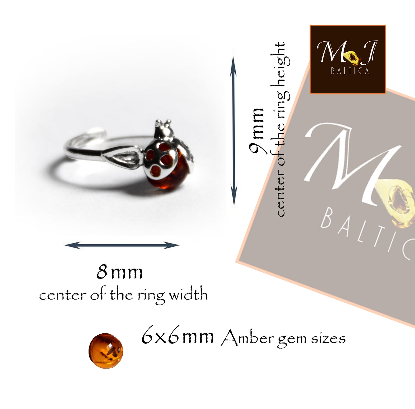 MJ Baltica, anello, Ambra naturale Baltica, Argento 925, coccinella, regolabile, BP058