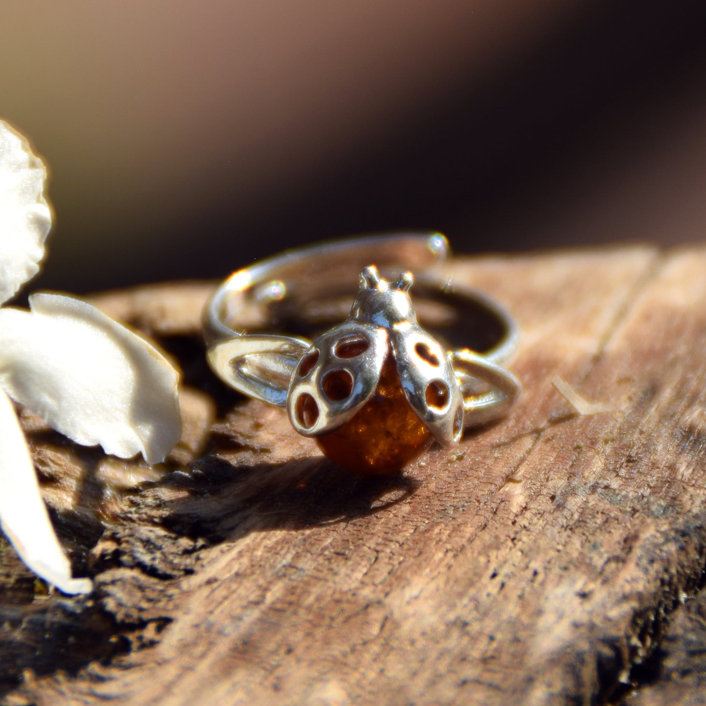Delicate adjustable ring with a cognac natural amber ladybug and 925 Sterling Silver, MJ Baltica, BP058