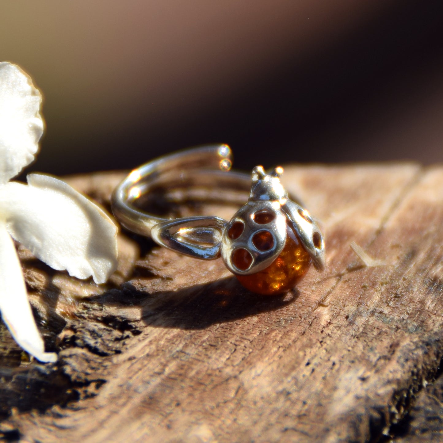 Delicate adjustable ring with a cognac natural amber ladybug and 925 Sterling Silver, MJ Baltica, BP058