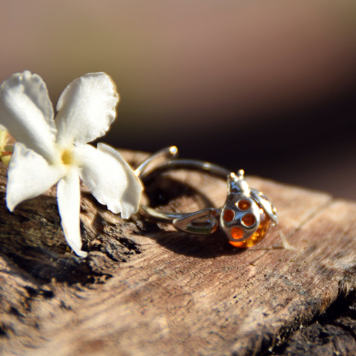 Delicate adjustable ring with a cognac natural amber ladybug and 925 Sterling Silver, MJ Baltica, BP058