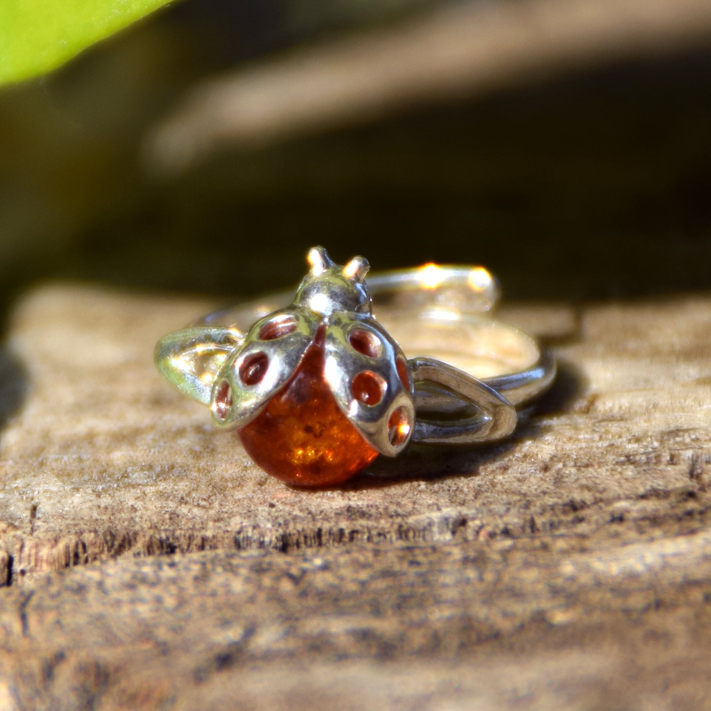 Delicate adjustable ring with a cognac natural amber ladybug and 925 Sterling Silver, MJ Baltica, BP058