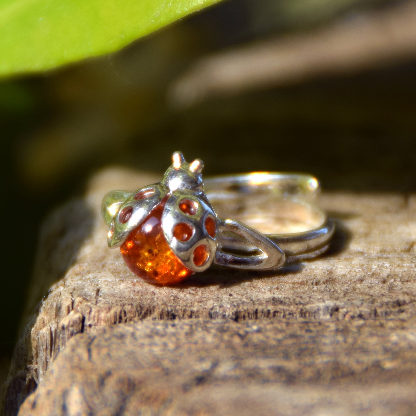Delicate adjustable ring with a cognac natural amber ladybug and 925 Sterling Silver, MJ Baltica, BP058