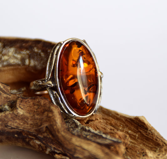 MJ Baltica, ring, natural Baltic Amber, 925 Silver, classic, leaves, vintage, large, BP064