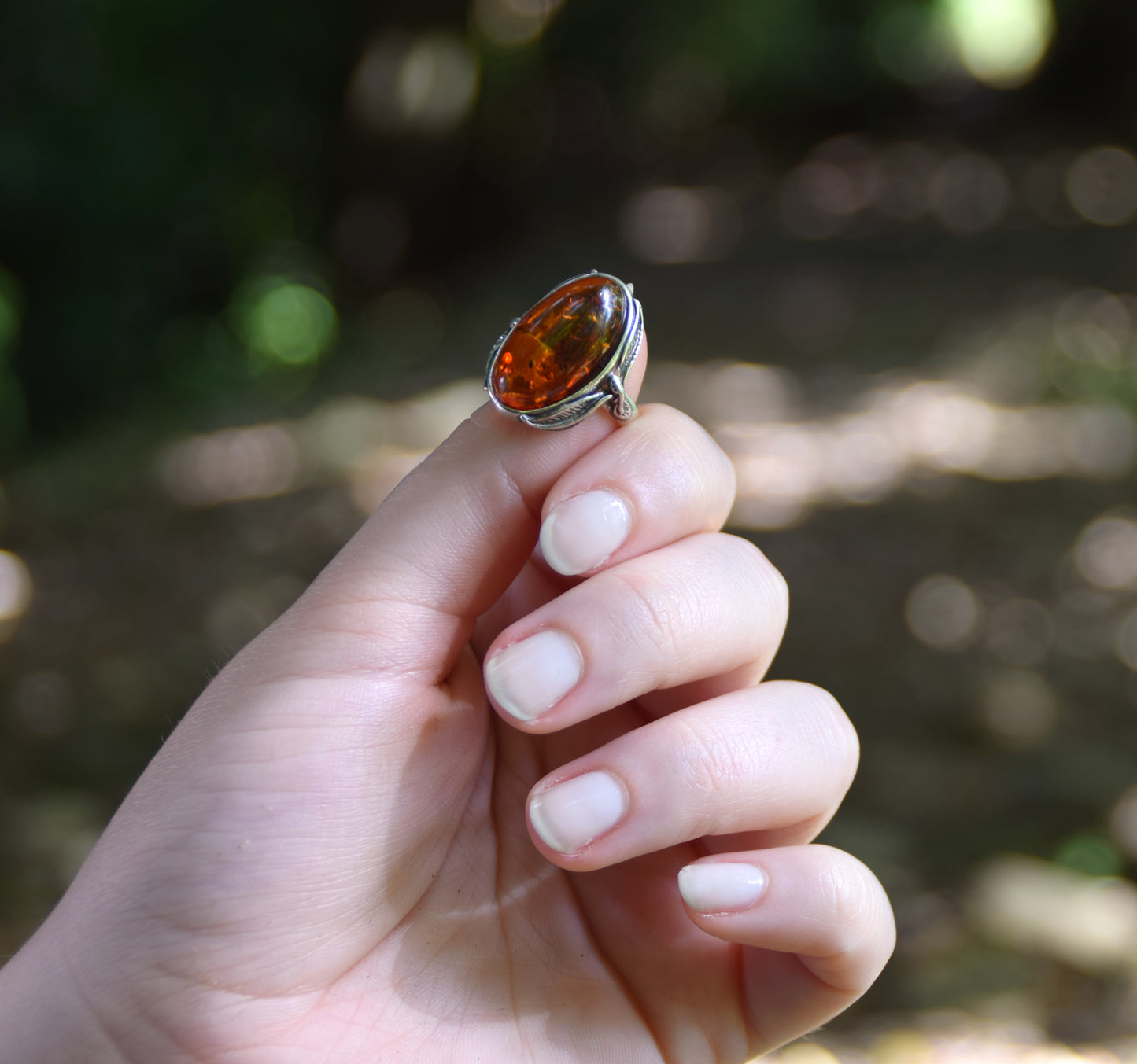 MJ Baltica, ring, natural Baltic Amber, 925 Silver, classic, leaves, vintage, large, BP064