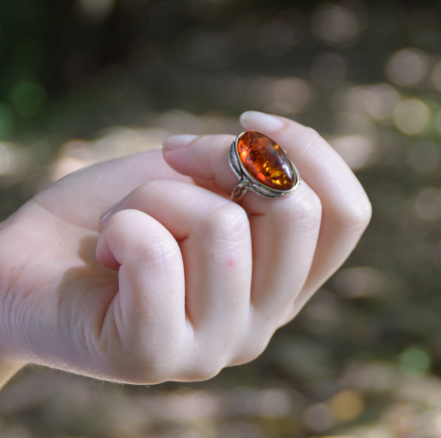 MJ Baltica, ring, natural Baltic Amber, 925 Silver, classic, leaves, vintage, large, BP064