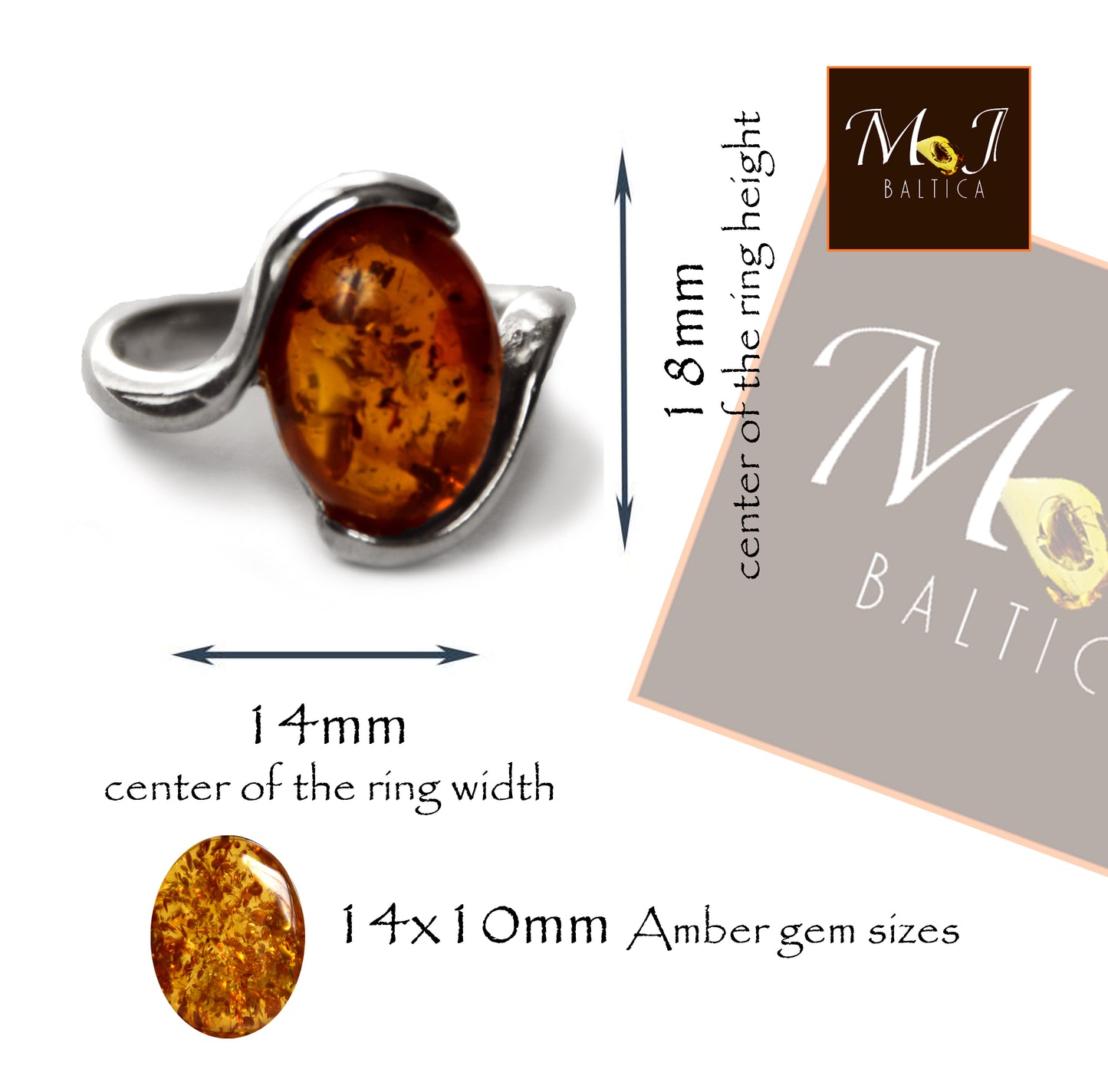 Elegante anello a fascia in Ambra naturale color cognac e Argento 925, MJ Baltica, BP065