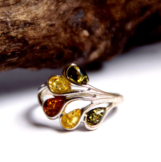 MJ Baltica, ring, natural Baltic amber, 925 silver, fan, luminous, multicolored, BP066