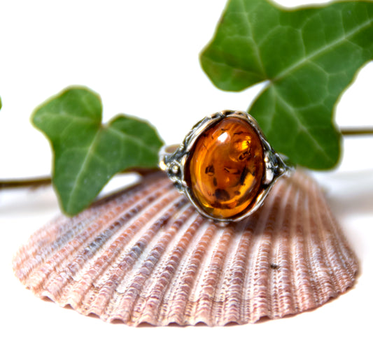 MJ Baltica, ring, natural Baltic amber, 925 silver, vintage, leaves, classic, BP068