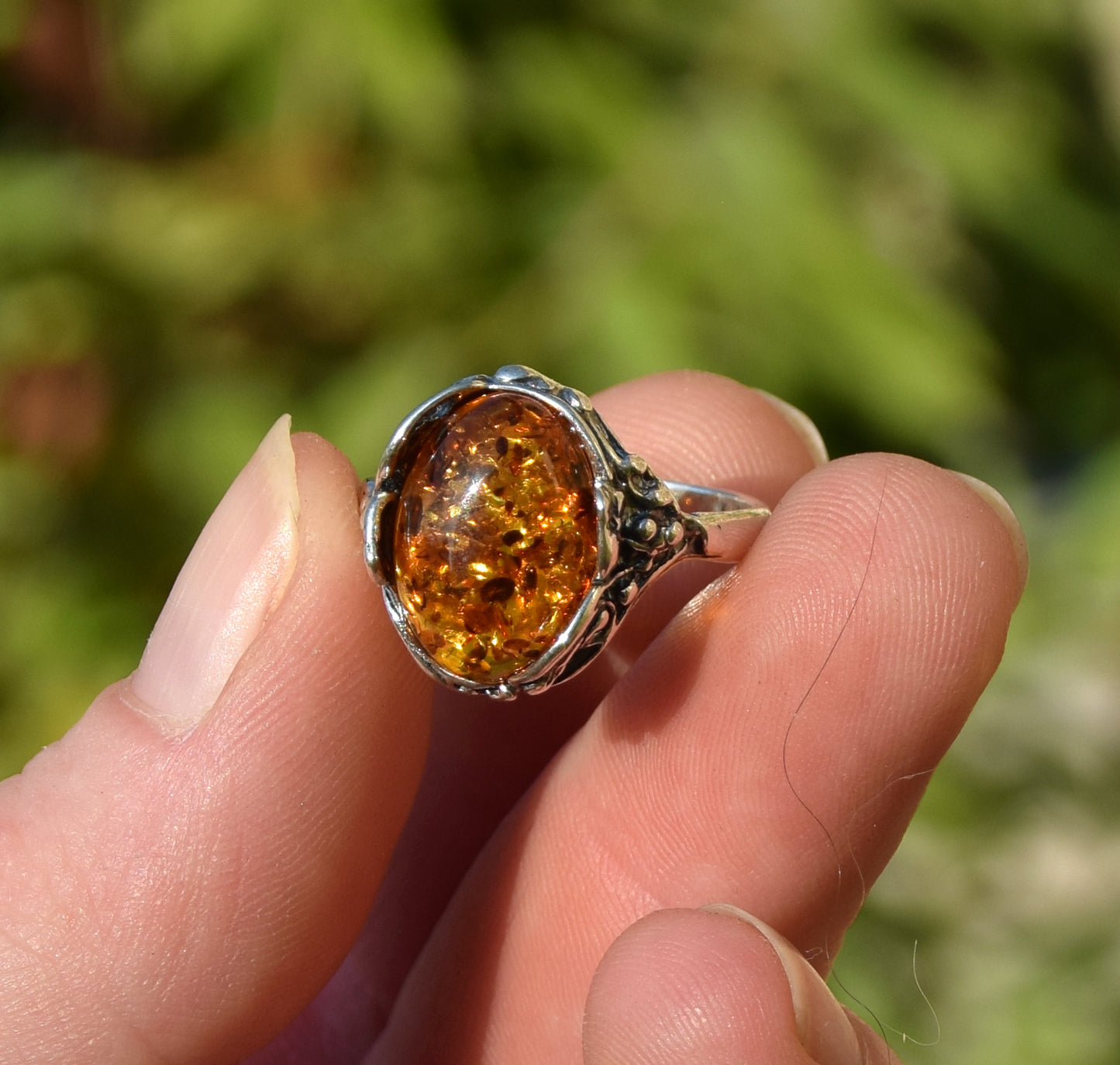 MJ Baltica, ring, natural Baltic amber, 925 silver, vintage, leaves, classic, BP068