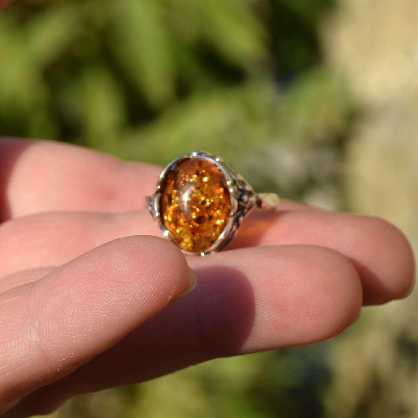 MJ Baltica, ring, natural Baltic amber, 925 silver, vintage, leaves, classic, BP068