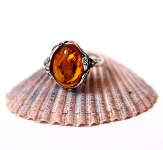 MJ Baltica, ring, natural Baltic amber, 925 silver, vintage, leaves, classic, BP068