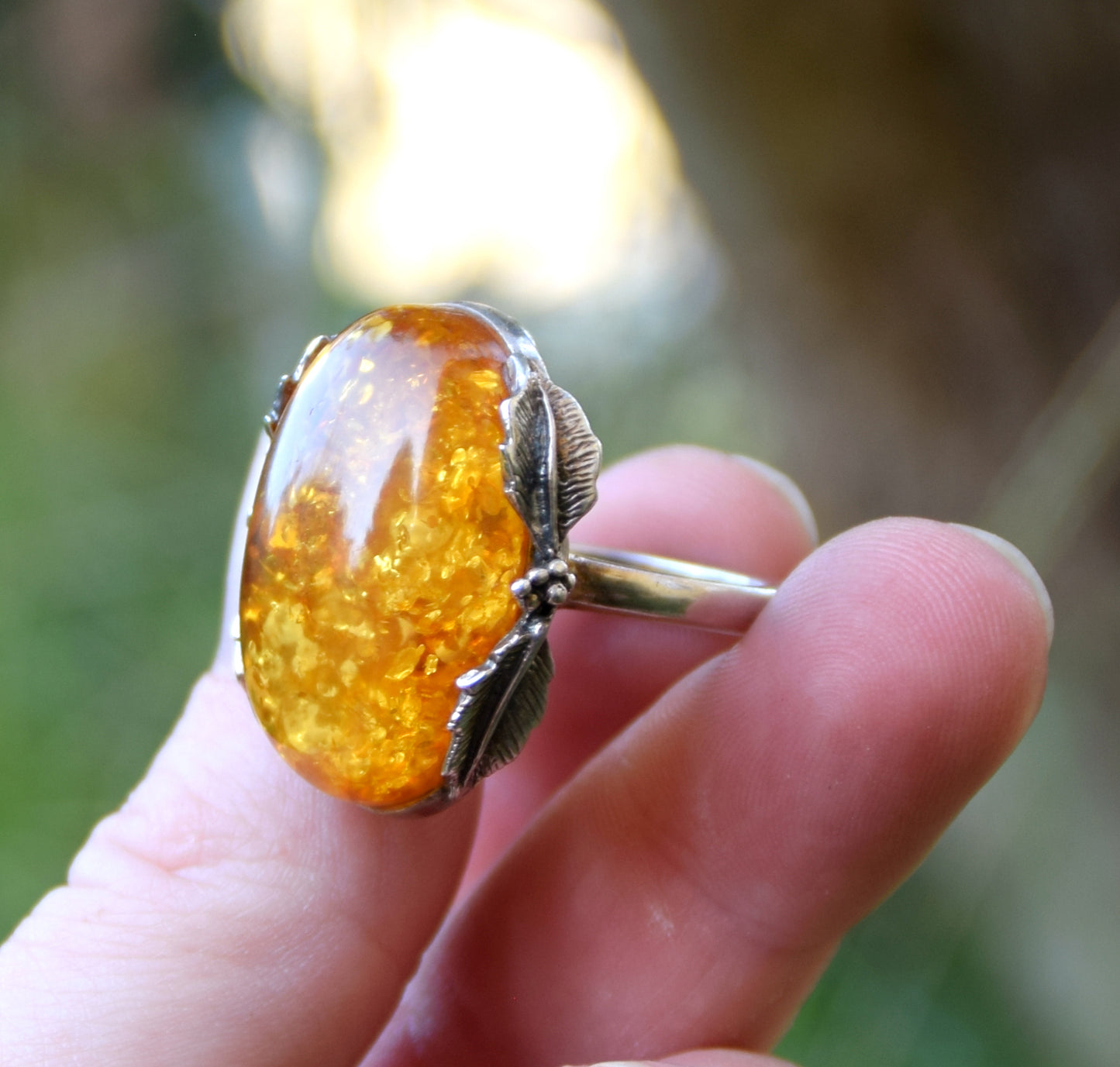 MJ Baltica, ring, natural Baltic Amber, 925 Silver, large, unique, leaves and clusters, BP072