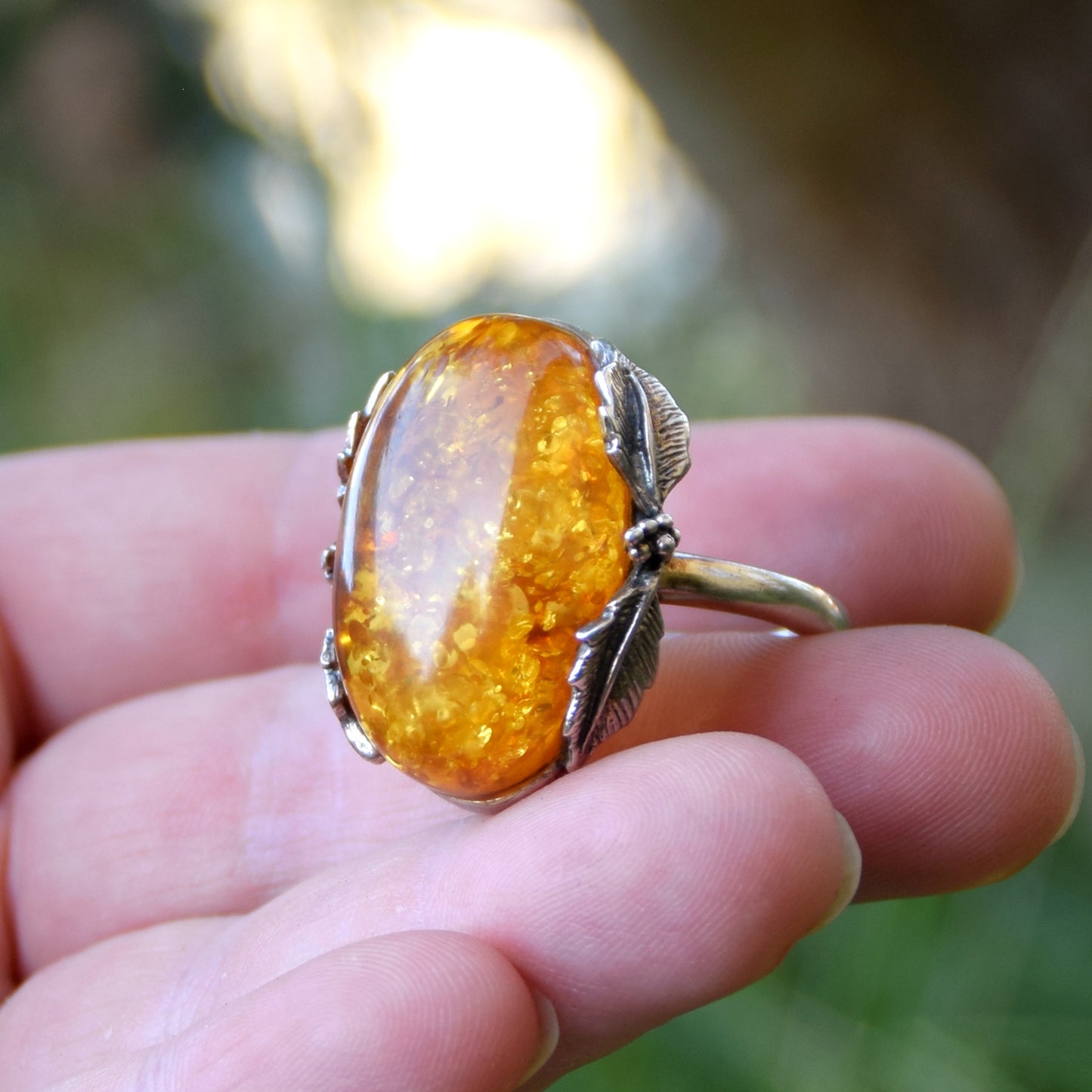 MJ Baltica, ring, natural Baltic Amber, 925 Silver, large, unique, leaves and clusters, BP072