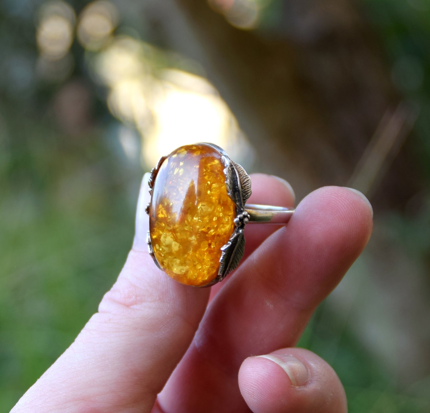 MJ Baltica, ring, natural Baltic Amber, 925 Silver, large, unique, leaves and clusters, BP072