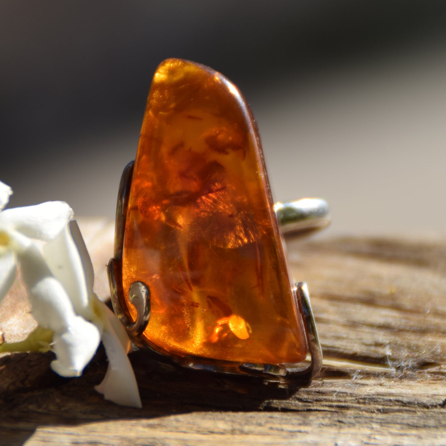 Important Art Nouveau style ring with large natural cognac amber gemstone and 925 Silver, MJ Baltica, BP075