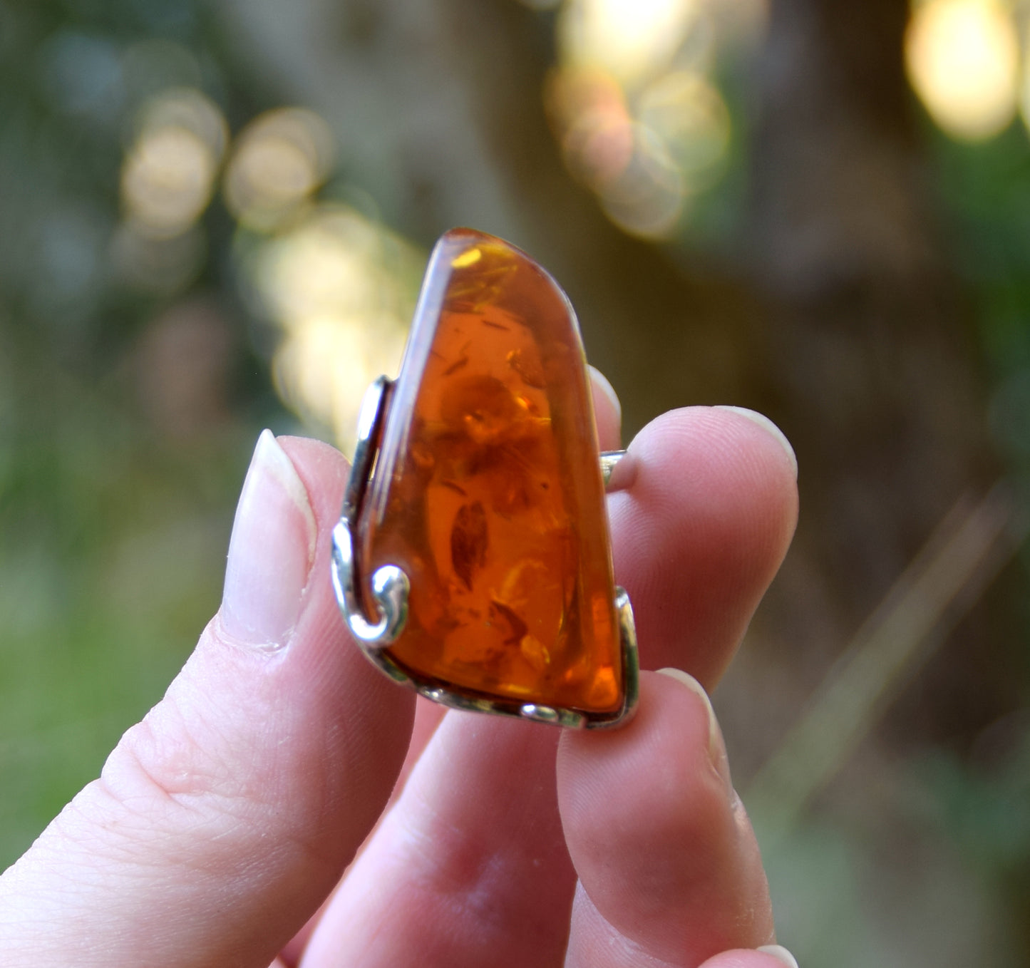 MJ Baltica, Baltic natural amber, 925 silver, triangle, large, cognac, luminous, BP075