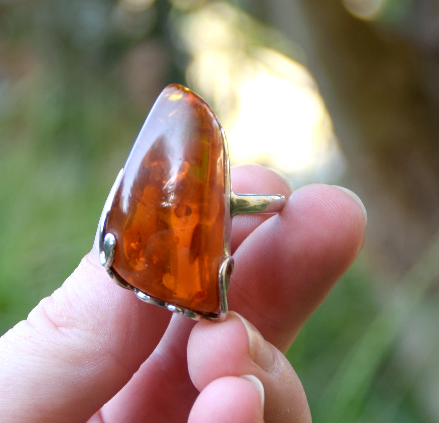 MJ Baltica, Baltic natural amber, 925 silver, triangle, large, cognac, luminous, BP075