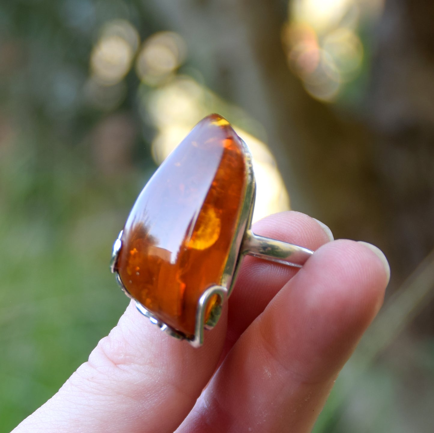 MJ Baltica, Baltic natural amber, 925 silver, triangle, large, cognac, luminous, BP075